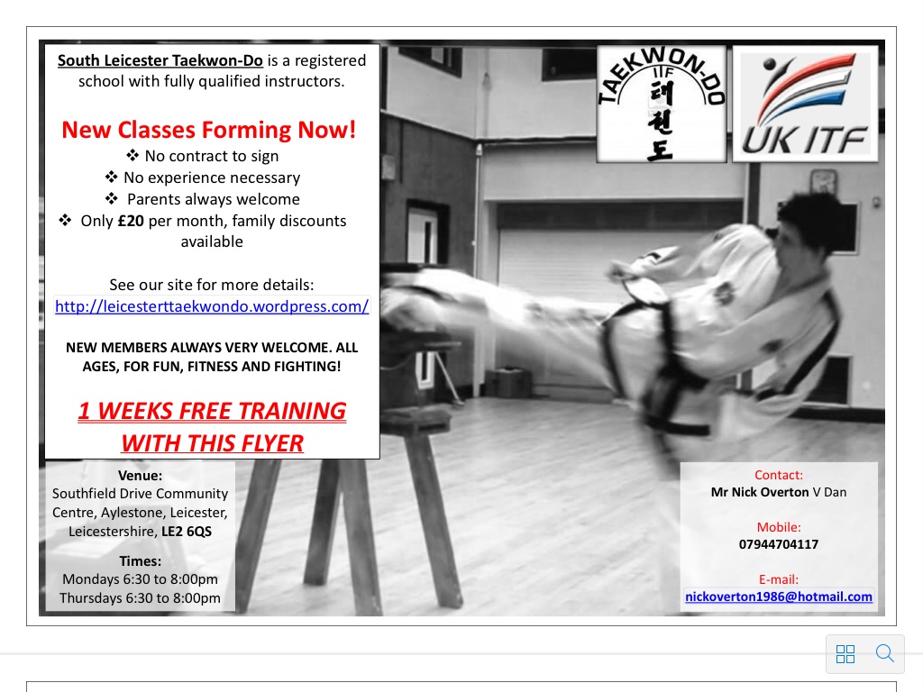 The leaflet advertising South Leicester Taekwondo.